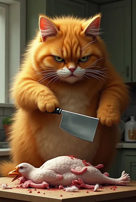 "A big, fluffy orange cat with long, thick fur  Cutting duck in pieces with big knif