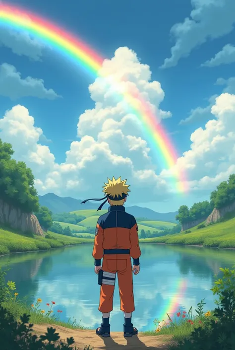 Create an iconic Naruto image looking at a rainbow
