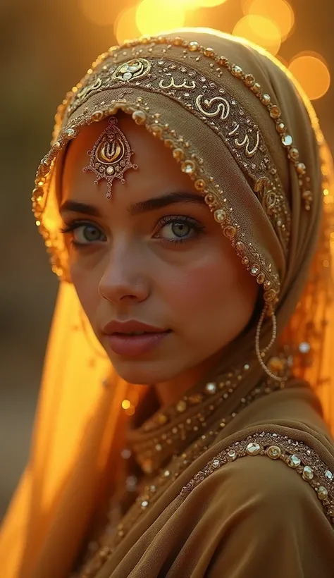 "A stunning young woman with striking blue eyes, wearing a hijab embroidered with intricate golden details and adorned with shimmering gold gemstones. The background glows with a rich golden hue, radiating warmth and divinity. The word 'Jannah' (Paradise) ...