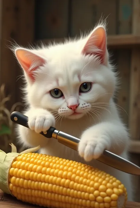 A white cat cutting corn with knife