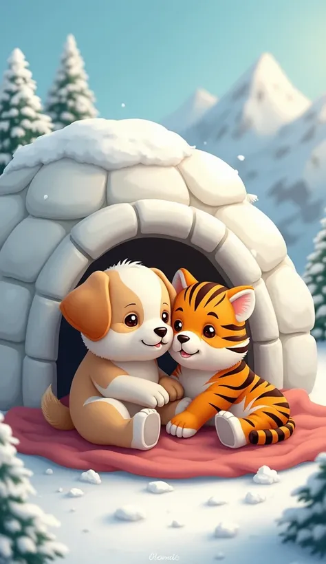  on a snowy mountain. a fluffy a cute little puppy in cute light brown and white color and fur on body and long folded ears and a cute tiger cub are sleeping in cute blanket in cute igloo snowy mountain. The cub’s striking orange and black stripes contrast...