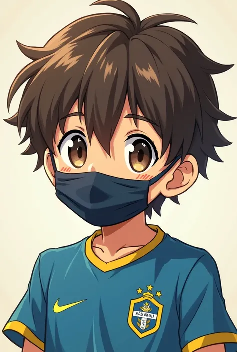 A boy's face alone with big eyes, round head, brown hair, a São Paulo jersey and an anime-style mask covering his face./one piece 