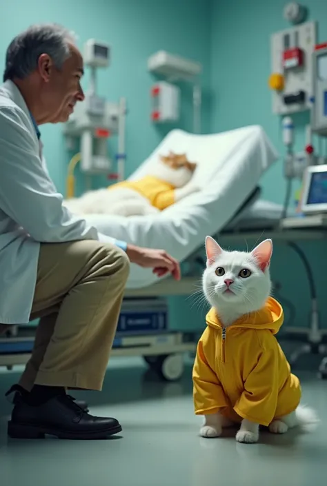 Inside a hospital in New York City, a doctor is sitting and talking in front of a small white cat. The small white cat is wearing a yellow outfit, and its eyes are filled with tears. In the background, on a hospital bed, lies a dead white cat, also wearing...