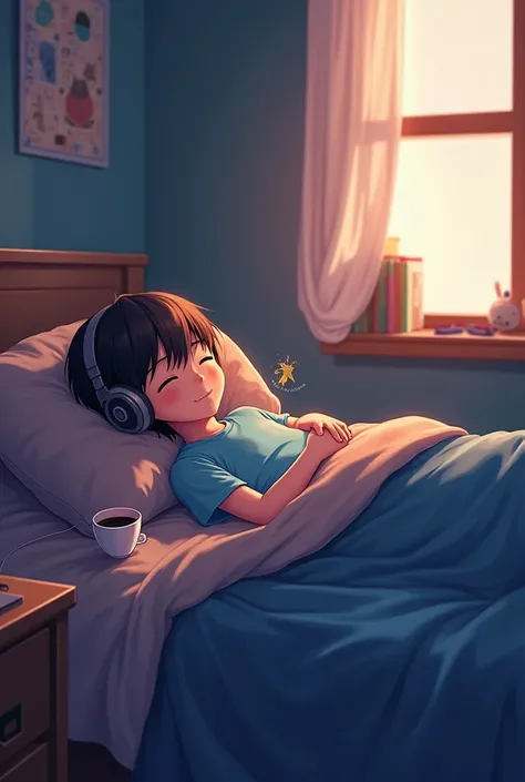 An anime-style illustration of a young boy lying in his room. He is wearing headphones and listening to music, appearing relaxed. A coffee cup is placed in the room The room has a cozy atmosphere with warm lighting, a window with a soft glow coming through...