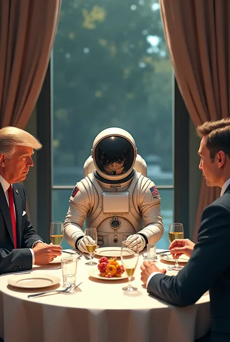 A anime Man. He is wearing astronaut suit. He sitting have dinner with Donal Trump and bilionaire Elon Musk