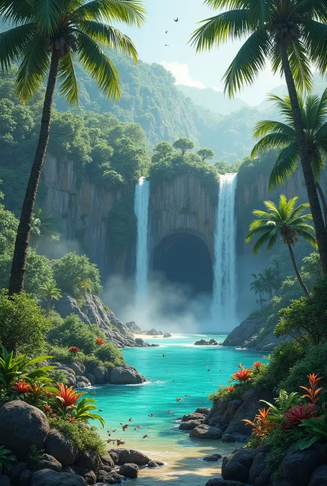 desert island;  vegetation ; waterfall; animais, cave