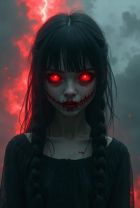 A scary girl with black hair with two side braids and red eyes. The girl looks like a scary and terrifying monster in a nature dominated by clouds and red rays