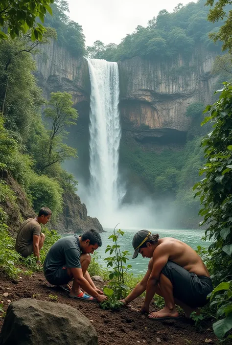 Make me an image of Salto del Buey in Colombia with people planting trees that looks realistic Ahahahaha please