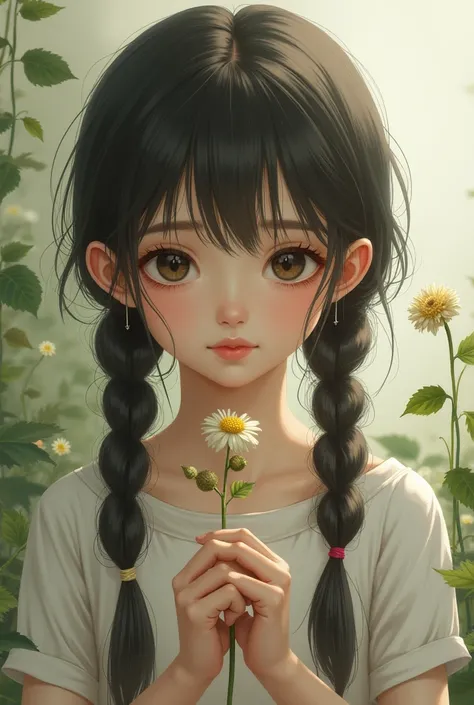 GIRL WITH TWO BRAIDS IN HER HAIR AND A WILTED FLOWER BETWEEN HER EAR 