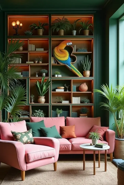 The living room looks like a tropical rainforest, The central element is a large bookcase that has the shape of a flying parrot,  on the chair lies a bengal cat, sofa has a beautiful pastel pink color, throughout the room there are a lot of decorations and...