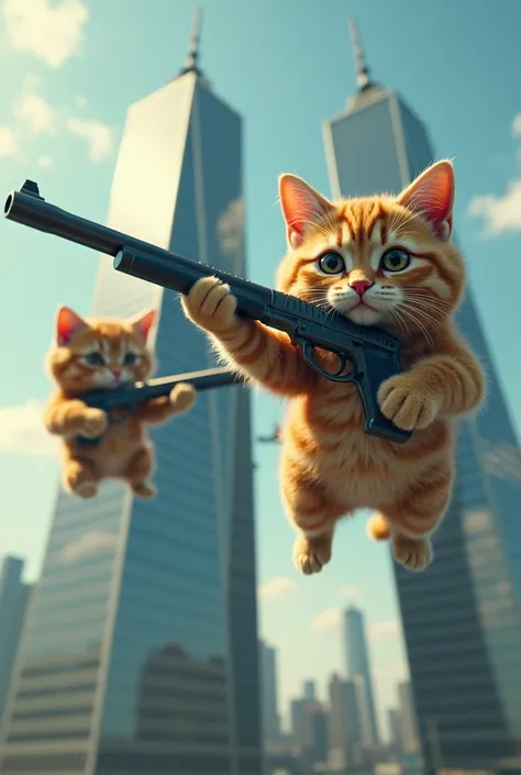 Cats in the shape of balls with shotguns flying above the twin towers