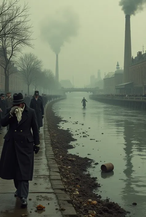  A scene of the River Thames with murky waters full of floating debris, while people cover their noses with handkerchiefs .  In the 19th century  