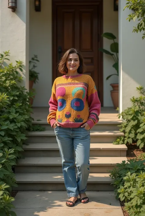 there is a woman standing on the steps of a building, a portrait inspired by Genco Gulan, cg society contest winner, realism, standing outside a house, standing in a botanical garden, in front of the house, wearing a designer top, standing in a city center...