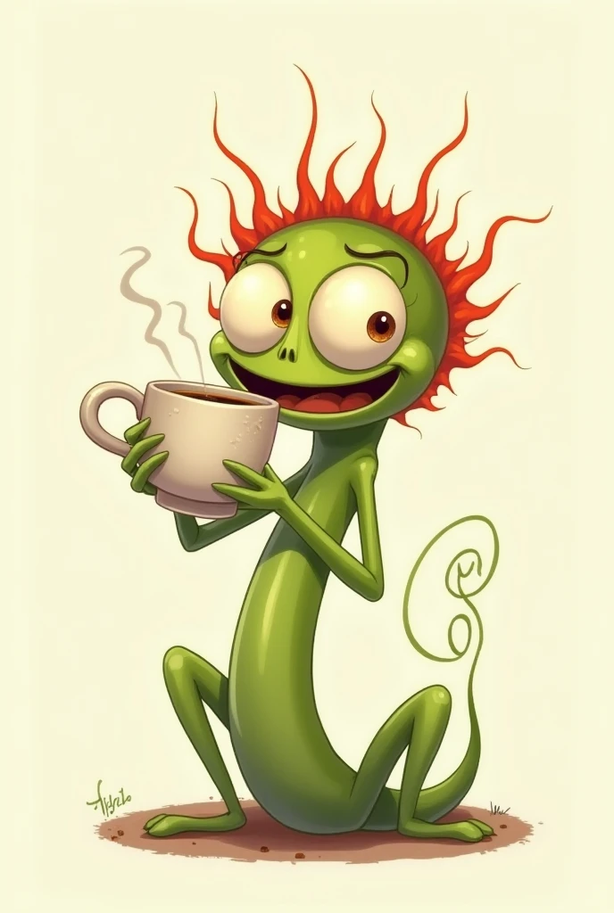 Animated flytrap weirdo just drinks coffee from a cup