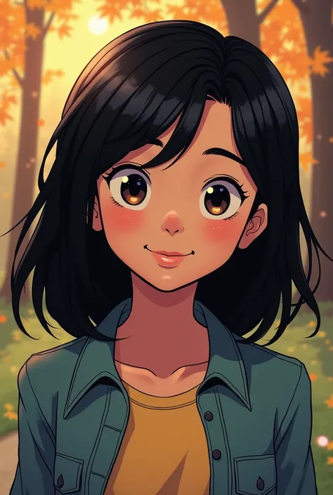 marvelverse comic panel, boy, with black hair, brown eyes, someone who has a warm and empathetic aura, with a pleasant smile and bright eyes showing that she is approachable, in the park, pale, s age, asian, marvel panel comics art style 