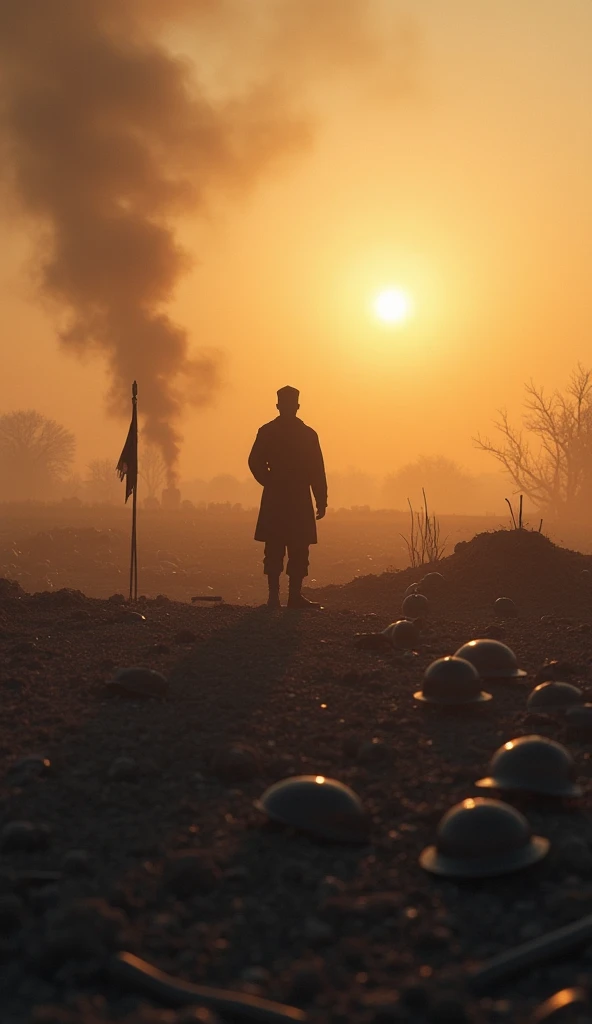 hight quality, a barren, war-torn landscape at dawn. Smoke drifts over shattered ground, remnants of battle scattered—helmets, broken flags, empty shells. A lone soldier stands, motionless, his silhouette against the rising sun.