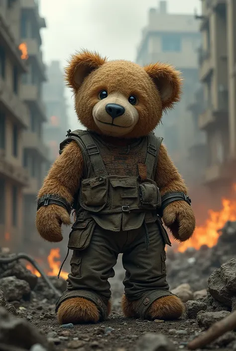 Dirty teddy bear with dirt and war clothes and against the background of a city in flames and ruins 