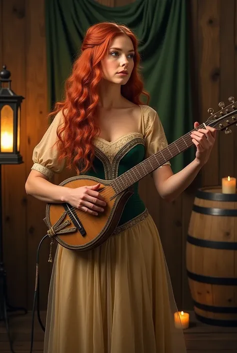 A captivating bard woman with flowing ruby-red hair performing on a wooden stage, her emerald-green eyes shimmering under the soft glow of lanterns. She wears a finely embroidered beige dress with a deep green corset, highlighting her elegant figure. Her d...