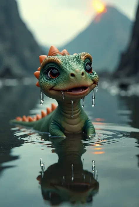 A cute little dinosaur with eyebrows crying tearing so many while floating in the water surrounded with volcano