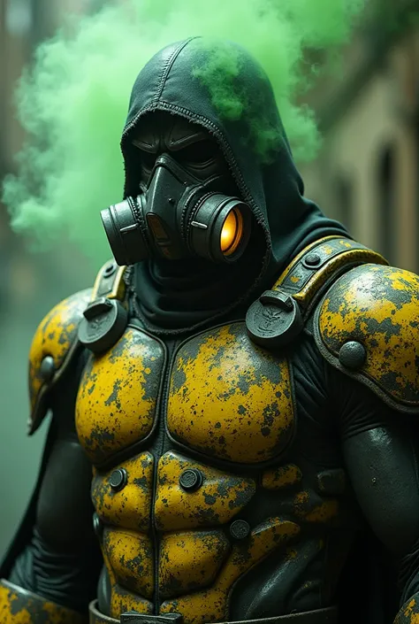 A super villain, his name is Noximum, his costume is like Doctor Doom, but his steel armor is corroded and stained with bright yellow cadmium veins that look like toxic veins, the black layer with frayed edges as if contaminated and a sharper mask with res...