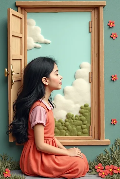 Here’s a prompt for the image:

"A felt-textured image of a young girl sitting peacefully by a window, looking out into a serene, soft-colored landscape. The girl has long, flowing hair, wearing a simple, soft-colored dress. Her expression is calm and refl...