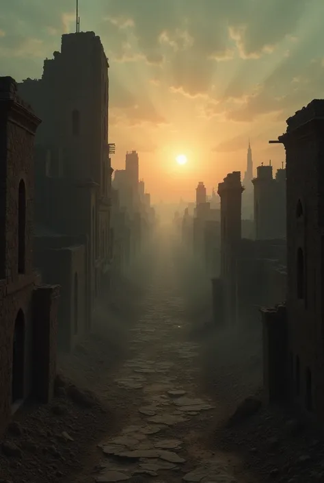 A desolate landscape of an ancient city in ruins, with crumbling buildings and empty streets. The sky is dim, and the sun sets behind the distant horizon, casting an eerie glow on the abandoned structures. Dust swirls in the air