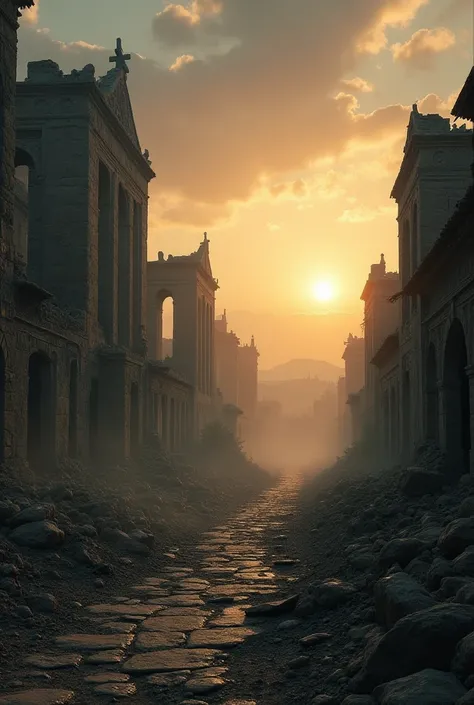 A desolate landscape of an ancient city in ruins, with crumbling buildings and empty streets. The sky is dim, and the sun sets behind the distant horizon, casting an eerie glow on the abandoned structures. Dust swirls in the air