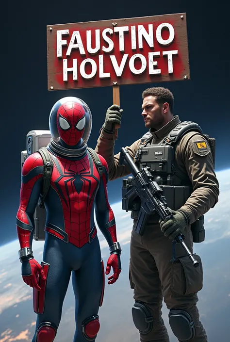 Spiderman in astronaut costume military soldier in space with a sign that reads Faustino Holvoet