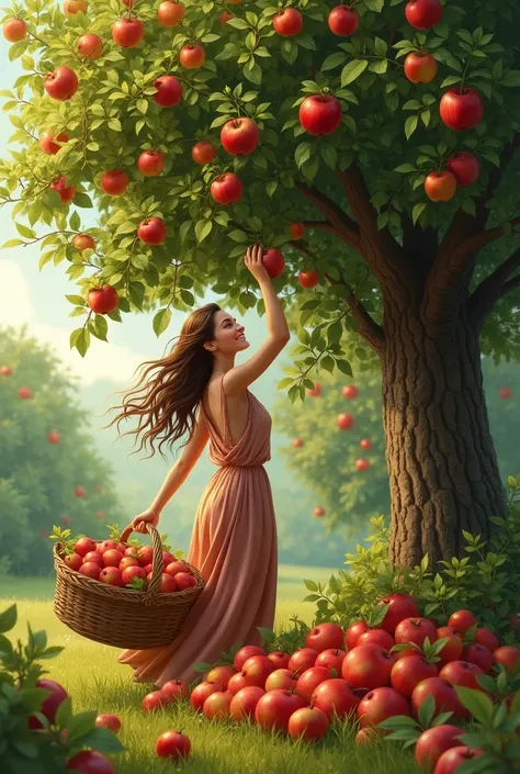  realistic image, a apple tree ,  loaded with apples ,  a young lady harvesting,  holding a basket 