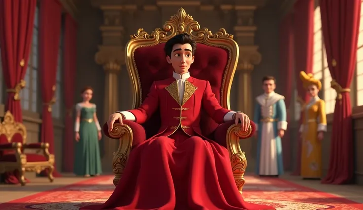 The man prince ((beautiful dress))setting on the big beautiful chair in the big room of castle , servants were standing beside him.  Best Quality, HD, High Quality, High Details, in 3d Pixar's Disney animation