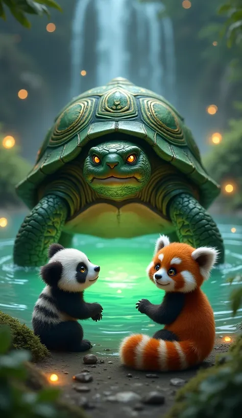 "In a glowing pool, an ancient turtle rises, its green shell etched with golden patterns and amber eyes glowing in the waterfall’s light.

Bao the baby panda, with his soft black and white fur and curious brown eyes, looks up in awe. Beside him, Ruby the r...