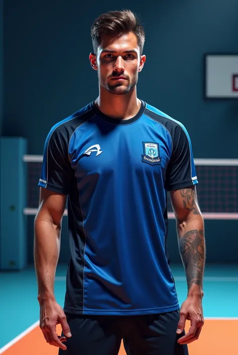 A blue and black men's volleyball t-shirt with 3 sponsors. That it is beautiful