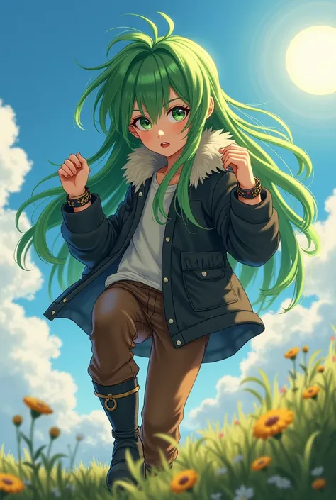 (Close-up of a better masterpiece:1.5)0.9],I would like the art of a  of approximately  with a realistic look ,  she has long green hair that goes up to her back that is messy and wavy at the dots, with a certain fringe on the sides, She has green eyes too...