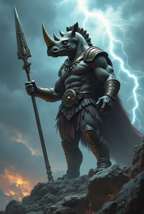 Create a Spartan rhinoceros warrior with a spear in his hand , On top of Mount Olympus all destroyed and its cloud filled with a scenario of destruction filled with lightning everywhere