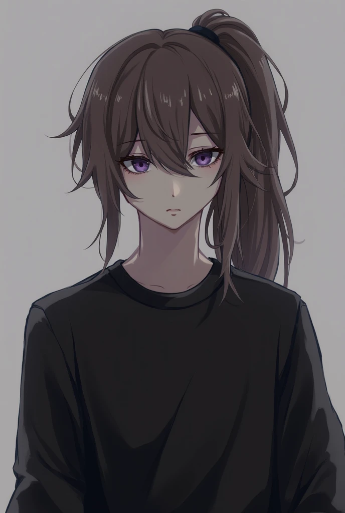 A guy with a sad face .  With purple eyes and brown hair up to his shoulders,  who are in a ponytail.  wearing a black . art