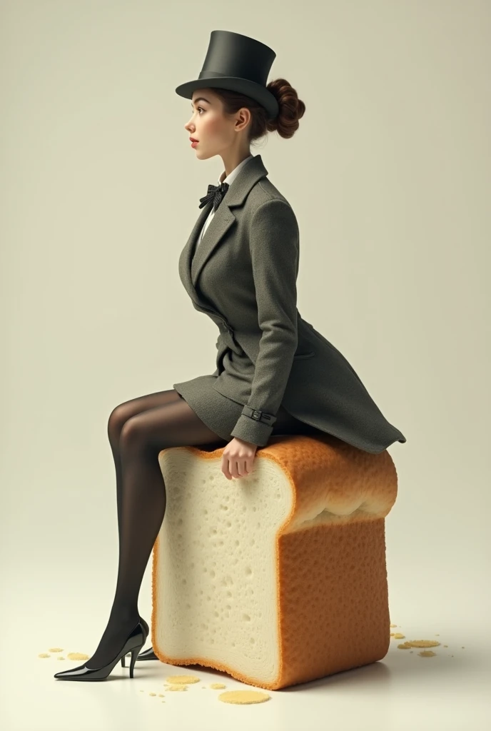 British woman sitting on a small loaf of white sliced bread with her gluteus facing forward