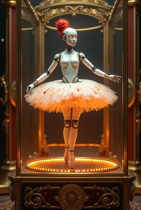 Ballerina robot. White ballerina with orange eyes, and a fiery pattern on pointe shoes and a tutu, red hair in a bun on the head. A human-sized robot is in a large music box 