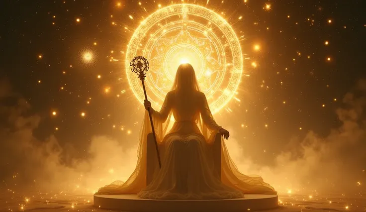  A majestic entity seated on a throne made of golden light ,  with a staff that pulsates with the energy of the universe . Behind her, ancient sacred symbols float ,  representing the manifestation of destiny and spiritual power .  The scene is surrounded ...