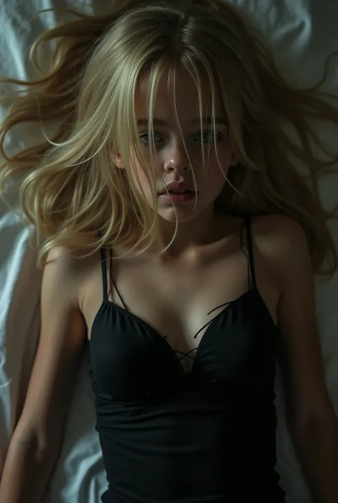  Eight-year-old girl , blond hair,His whole face is hidden by his hair, tight black top with straps open neckline showing her breasts, Her huge  , She is leaning and lying on a table, seen from above 