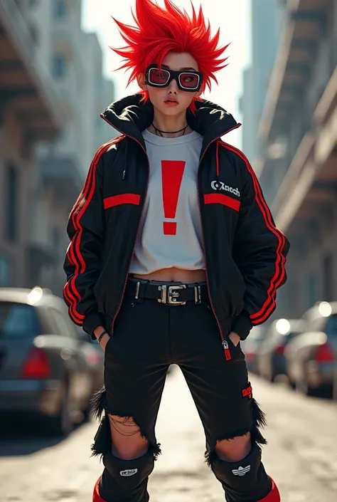 A character with pointed red hair, a black jacket with red stripes and racing lenses wears a white shirt with a sign of ! and torn pants at the knees and Adidas shoes 