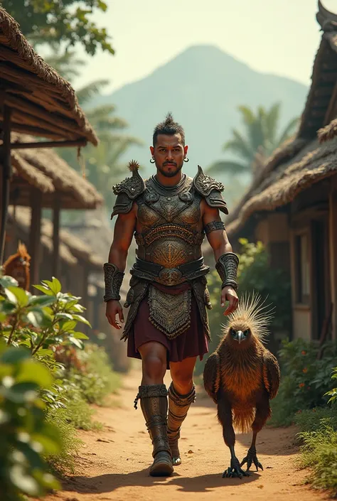 Create a man walking wear an indonesian armor costume and there is big animal garuda also walking behind him. The background in indonesian village