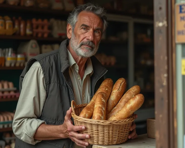 A small-town man with the face of few friends, holding a basket with a bunch of baguettes. egg cartons, At the counter of a grocery store in Aldea de Moraira, Nikon Z9, 16K,  very high level of detail