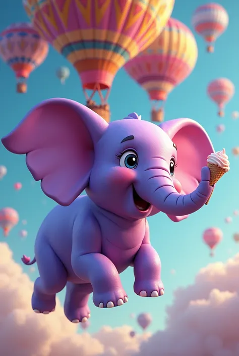 Purple elephant dropped its ice cream as it soared into the sky with colorful flying balloons 