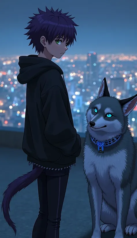 Creates a realistic gothic anime image of Akira (girl with short spiky purple hair, intense green eyes, and wearing a black hoodie and tight pants) and her friends being watched by a male dog, , shiny metallic fur (silver and blue), luminous blue eyes, fri...