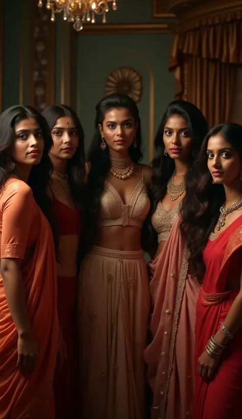 an group indian 28 year old girls standing in bedroom, night bedroom, dark night room, detailed face, luxurious interior, detailed image, cinematic scene, cinematic lighting, ultra realistic, hyper realistic, highly detailed image, Full HD image, --ar 9:16...