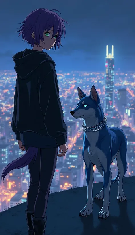 Creates an anime gothic realistic image of Akira (girl with short spiky purple hair, intense green eyes, wears a black hoodie and tight pants) accompanied by a group of agers, the Neon Nights, watched by a Cyberhound, male dog, , shiny metallic fur (silver...