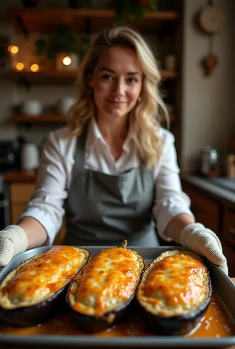 Woman cooking taking 4 stuffed eggplants out of the oven au gratin