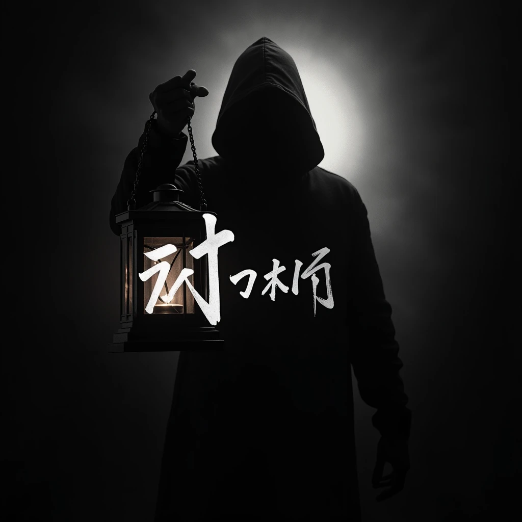 A dark and mysterious logo, featuring a shadowy figure holding a lantern, with the text 'ความจริงที่หายไป' in a spooky handwritten font, black and white color scheme, dramatic lighting, ultra-realistic, 4K."