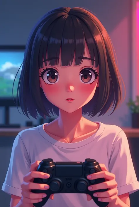 Animation of a gamer girl with a gamer controller in her hand,  with dark brown hair ,  without bangs.