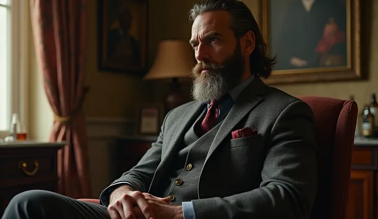 
image of a manly man, with beard and mustache, modern gentleman's clothing, elegant, sitting in a room, thoughtful, hesitating, epic and fantastic style, professional lighting.